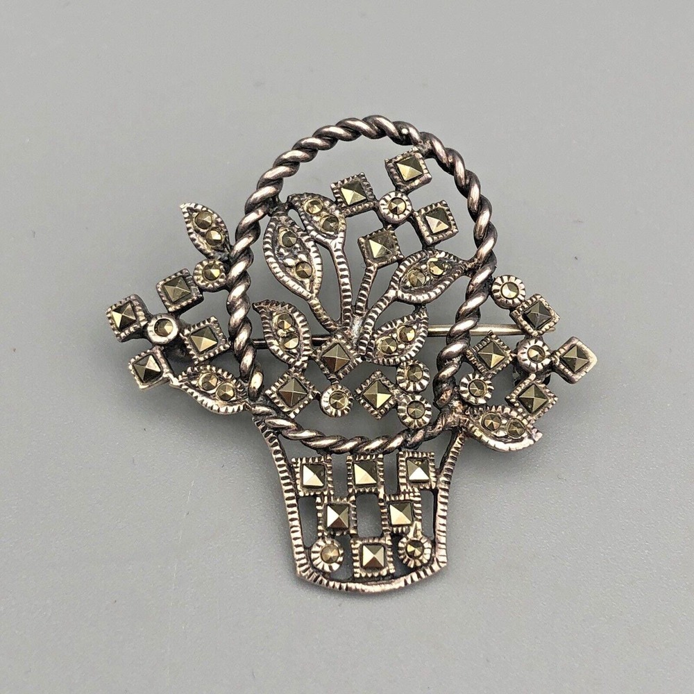 Vintage Sterling Silver 925 Brooch Pin Flower Basket Marcasite Stones Mothers
